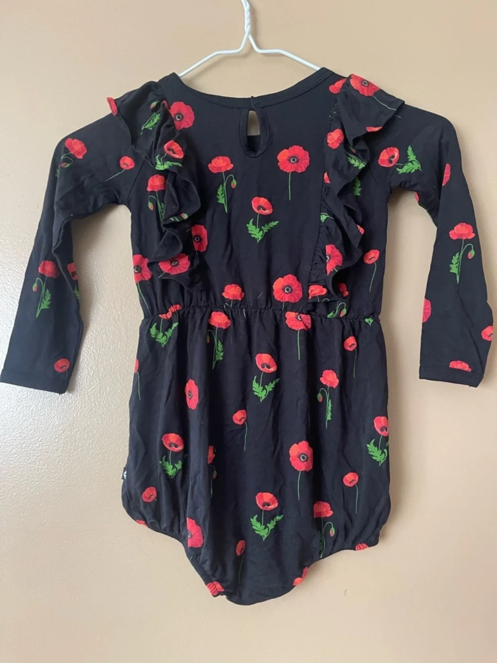Kyte BABY Black Long-Sleeve Bamboo Romper with Red Poppy Print 3T New